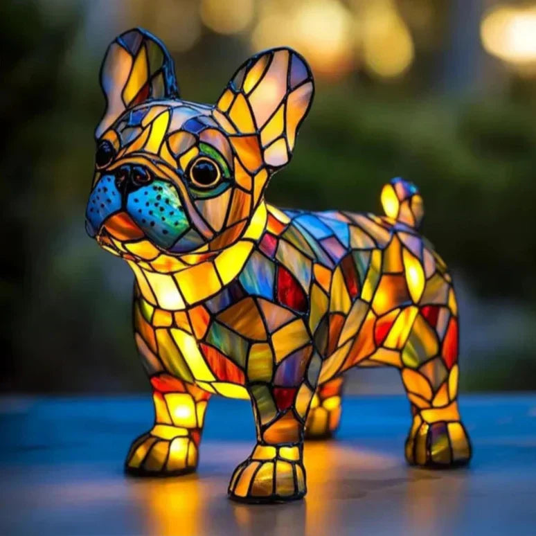 Unieke lamp van glasmozaïek in de vorm van een bulldog