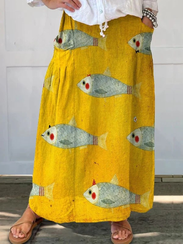 Damesrok Vintage viskunstprint linnen zakrok