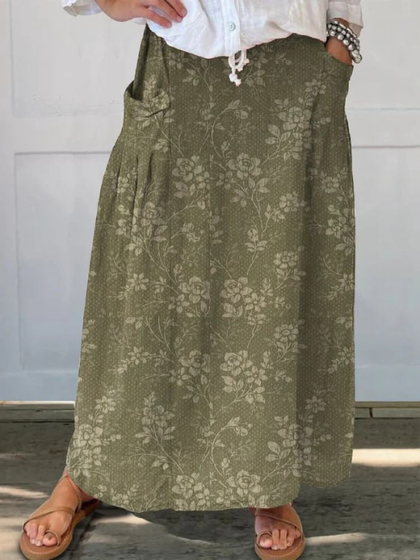 Vrouwen Vintage Floral Linnen Elastische tailleband Pocket Rok