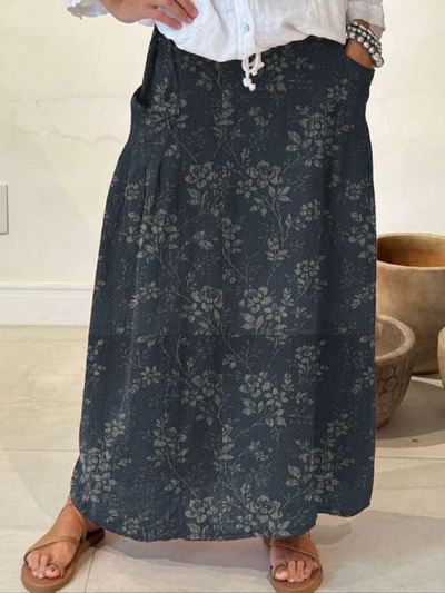 Vrouwen Vintage Floral Linnen Elastische tailleband Pocket Rok