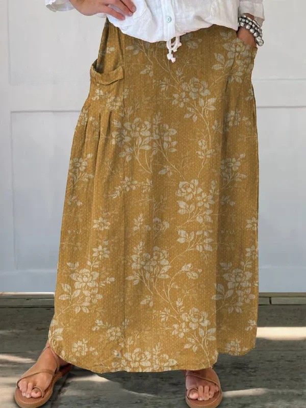 Vrouwen Vintage Floral Linnen Elastische tailleband Pocket Rok