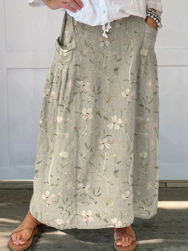 Vrouwen Vintage Floral Art Linnen Elastische tailleband Pocket Rok