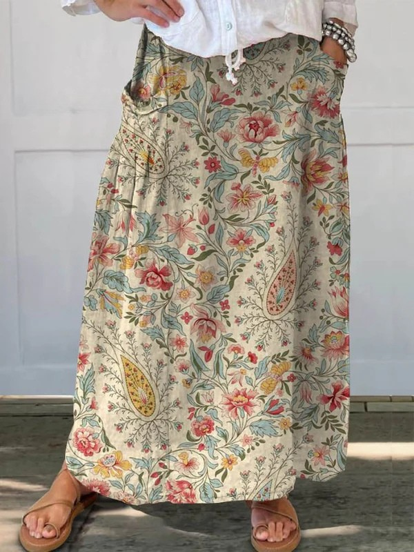 Vrouwen Vintage Floral Art Printed Linnen Pocket Rok