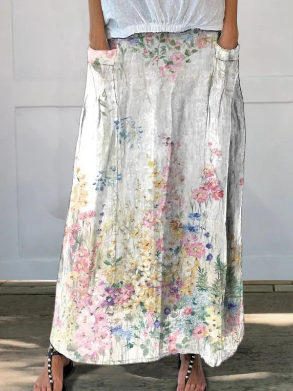 Vrouwen Vintage Botanical Linnen Elastische tailleband Pocket Rok