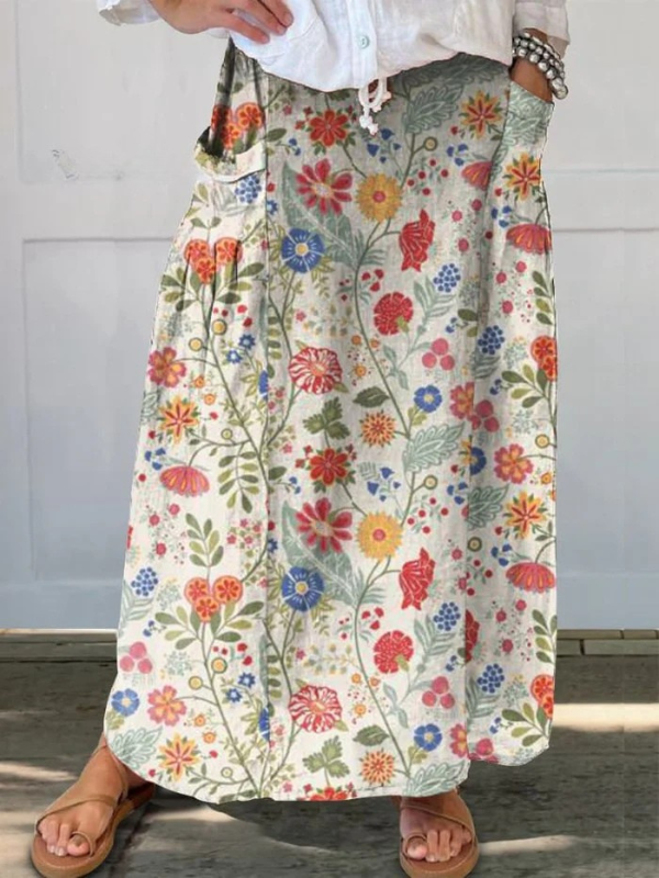 Damesrok met bloemenprint linnen elastische tailleband zakrok