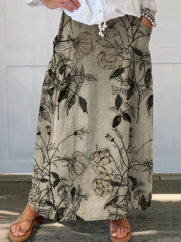 Vrouwen Retro Floral Art Linnen Elastische tailleband Pocket Rok