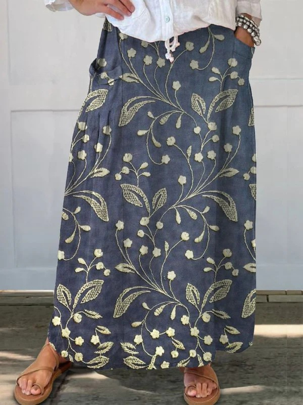 Vrouwen Retro Floral Art Linnen Elastische tailleband Pocket Rok