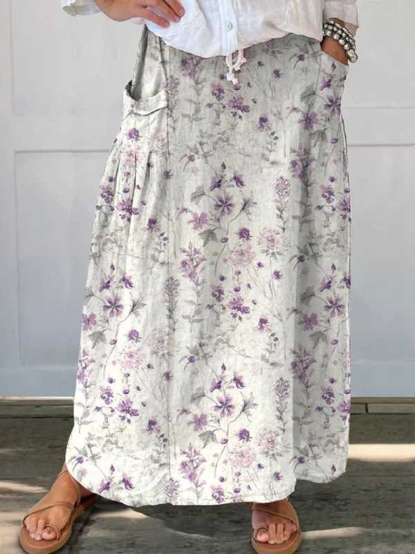 Vrouwen Vintage Floral Art Linnen Elastische tailleband Pocket Rok