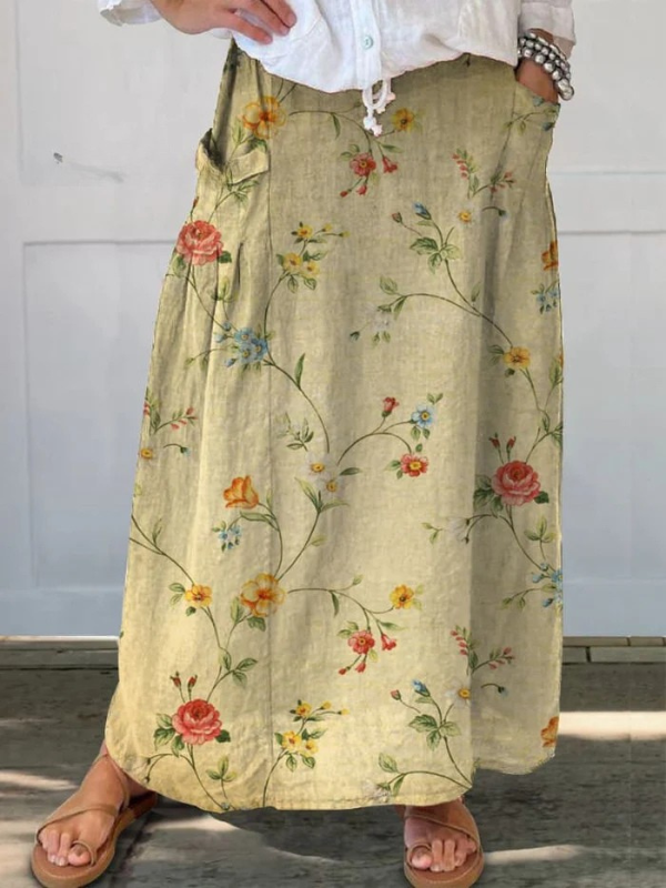 Retro elegante damesrok van linnen met elastische tailleband en zakje
