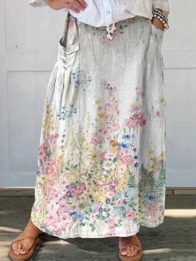 Retro elegante damesrok van linnen met elastische tailleband en zakje