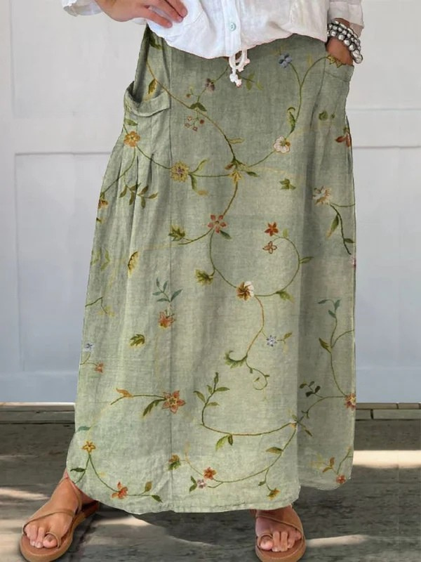 Vrouwen Retro Floral Art Linnen Elastische tailleband Pocket Rok