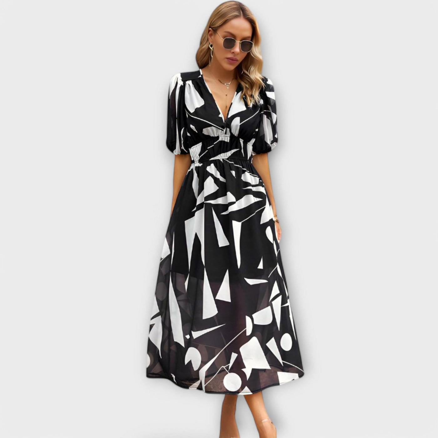Abstracte Maxi Jurk met Pofmouwen