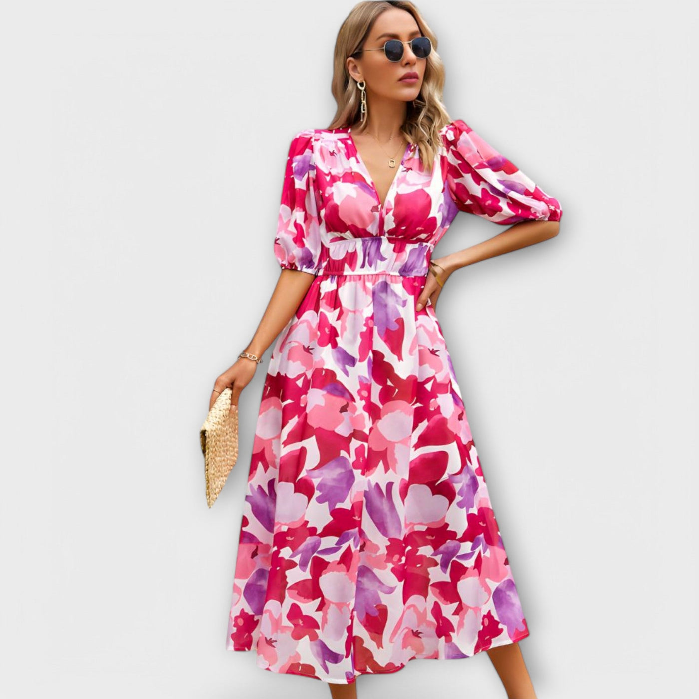 Abstracte Maxi Jurk met Pofmouwen