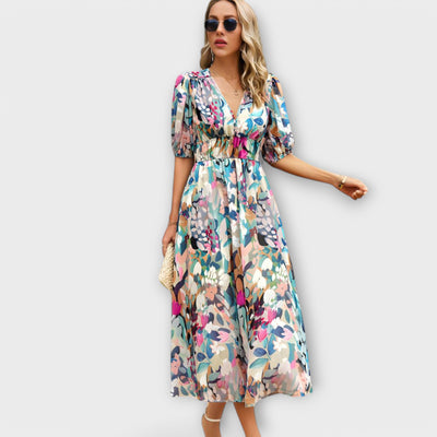 Abstracte Maxi Jurk met Pofmouwen