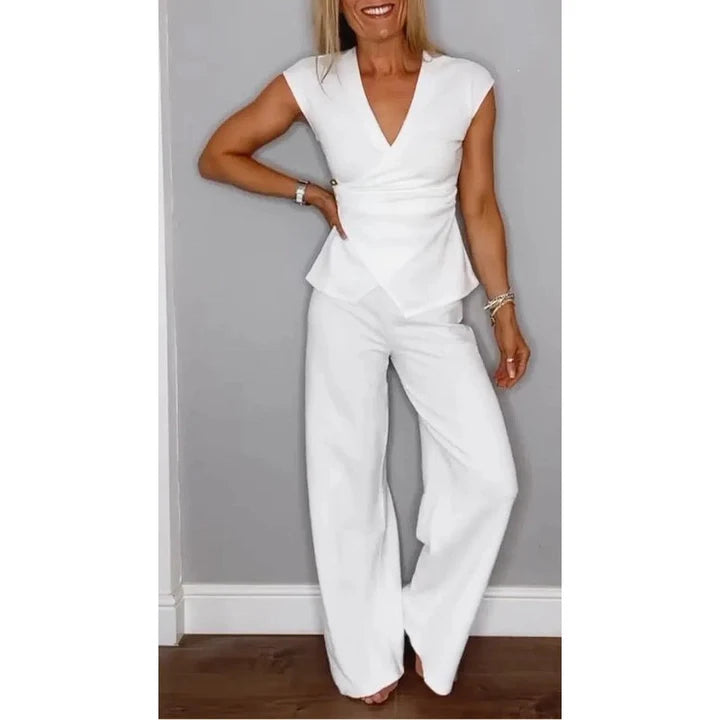 PALMIRA | Elegante Set met V-Hals Top en Wijde Pijpen Broek